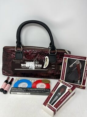 WINE CLUTCH BAG BUNDLE INSULATED WINE STOPPER CORKSCREW GLASS MARKERS LIPPIES